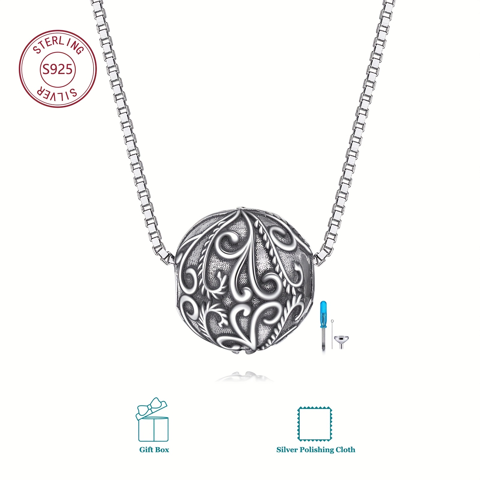 Intricate Filigree Ball Urn Pendant for Ashes, 925 Sterling Silver